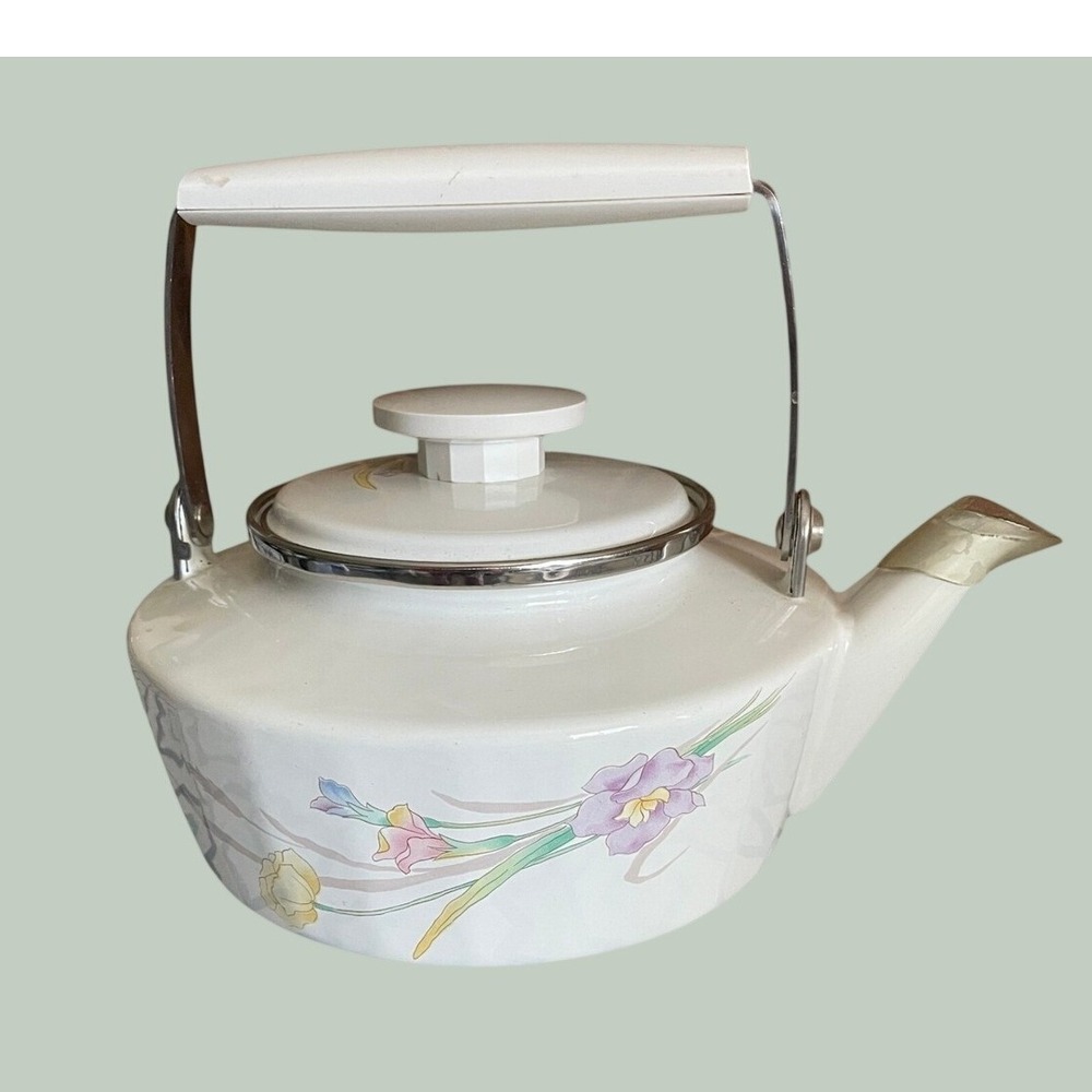 Mikasa Gourmet Colors Gabriele Tea Kettle 2Qt Enamel Delicate Floral Iris Japan